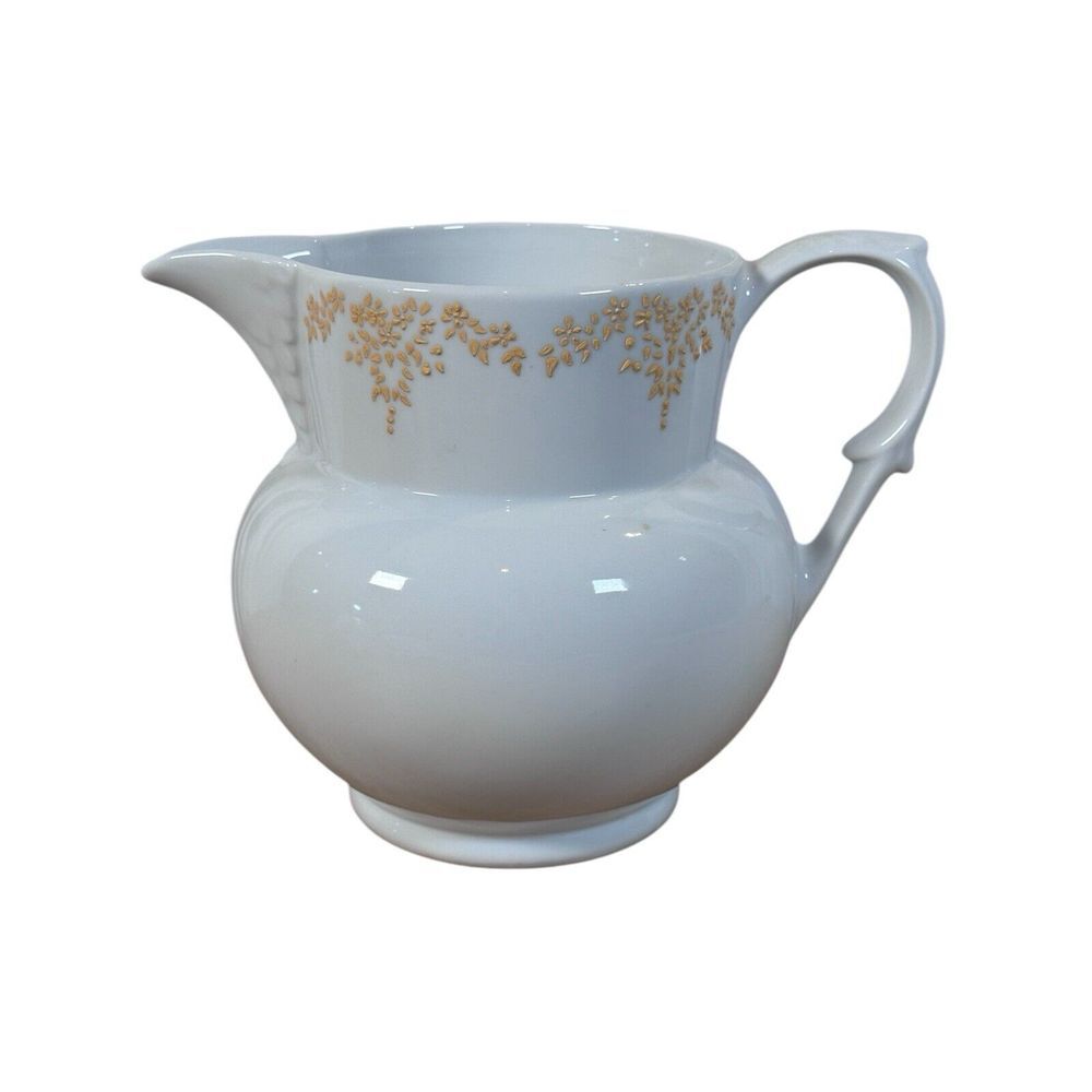 White Ceramic Pitcher with Gold Floral Trim